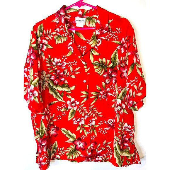 BonWorth Red Floral Short Sleeve Button-Down Shirt XL 100% Polyester - Picture 1 of 3